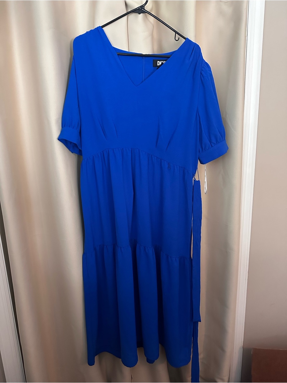 Draped V-Neck Blue Tiered Midi Dress